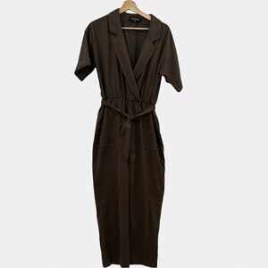 Kittenish Short Sleeve Belted V-Neck Notched Collar Jumpsuit in Brown | Medium